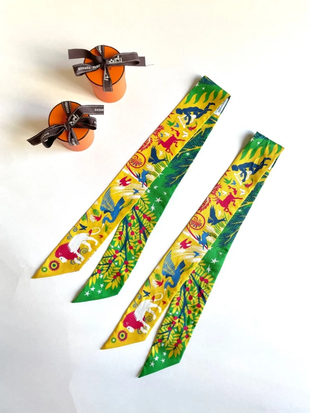 Hermès Set of 2 Twilly Scarves 100% Silk | Le Charme D’Orphee | Yellow & Green - Picture 1 of 8